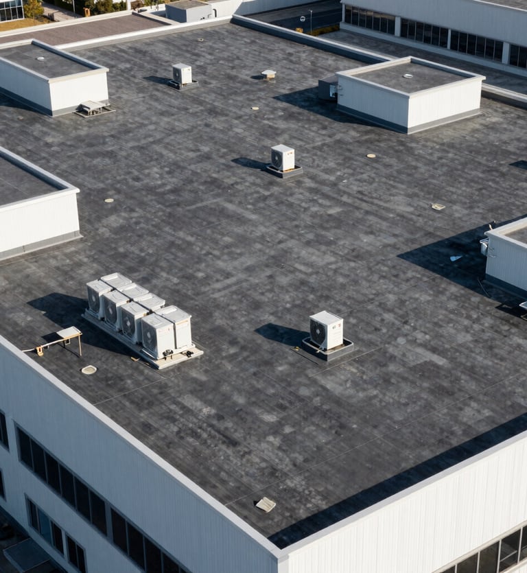 Drone-view of a large, clean commercial flat roof with HVAC units, crisp architectural photography, bright natural daylight, high-contrast deep charcoal tones, sharp focus, 35mm