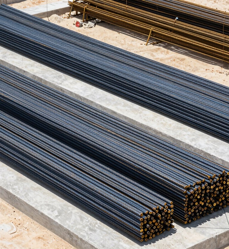 Sharp architectural photography of stacked steel rebars and concrete blocks on a modern Dubai construction site, bright desert daylight, high-contrast geometric composition, 35mm