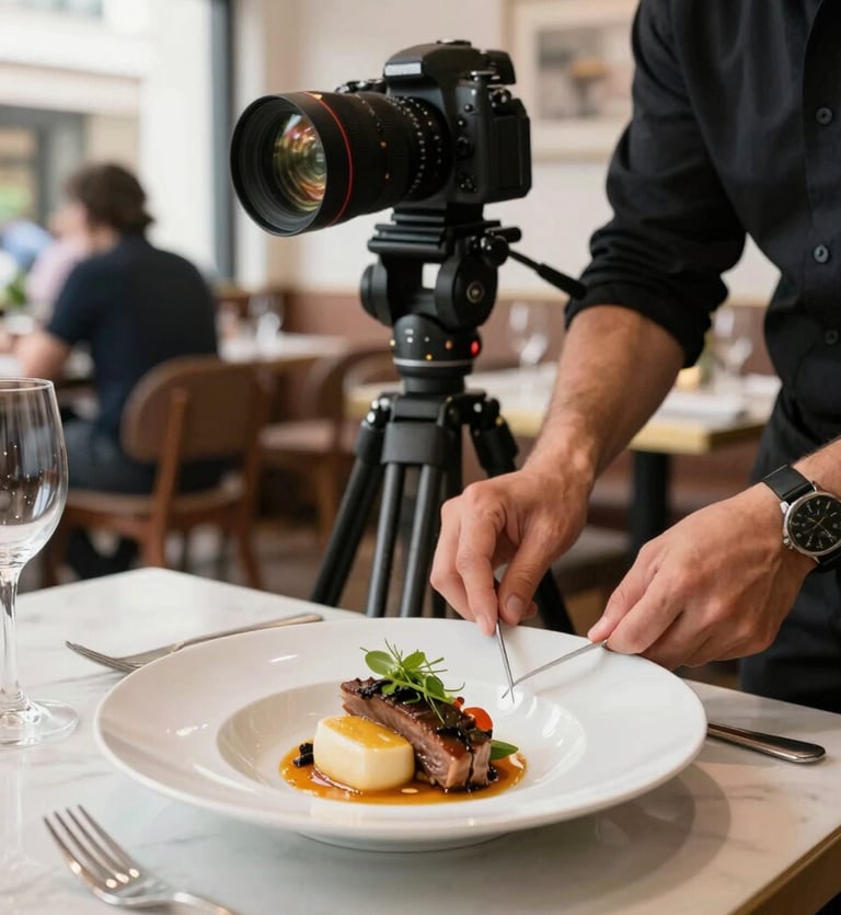Professional food photography session in a modern Spanish restaurant. A camera on a tripod focuses on a beautifully plated dish while a stylist makes adjustments. Elegant, bright, and professional atmosphere.