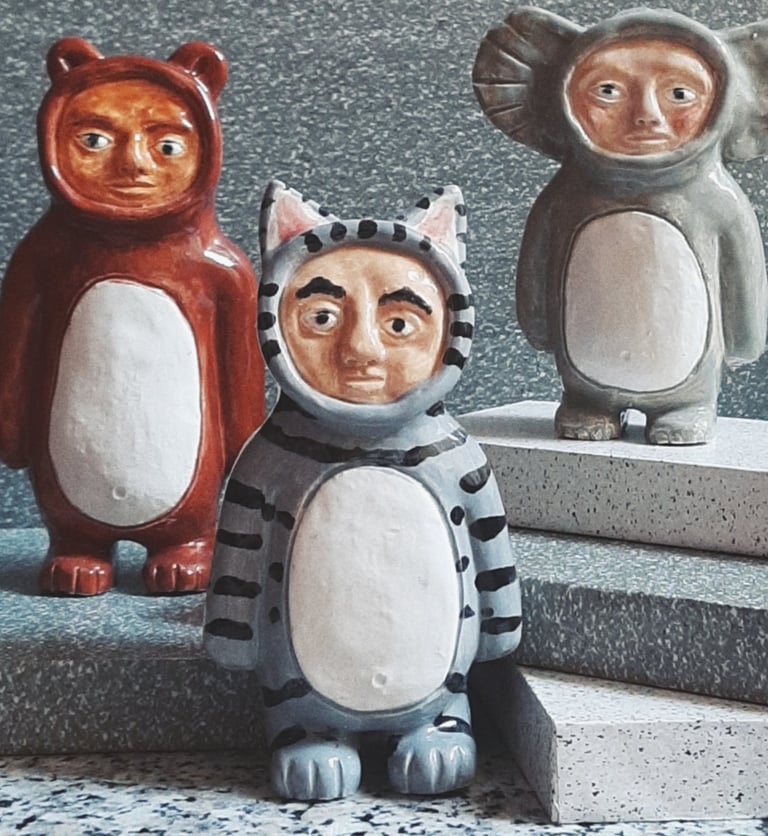 Handmade Ceramic Figurines for bear lovers, elephant lovers and Tabby cat lovers. Animal art.