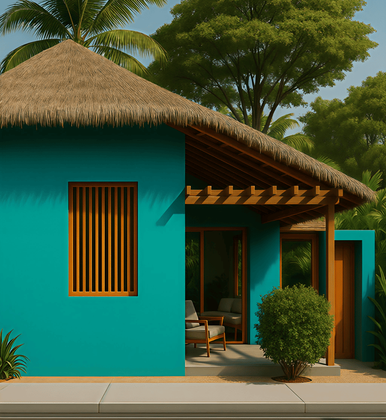 A modern tropical bungalow with teal walls, a thatched roof, and lush palm trees.