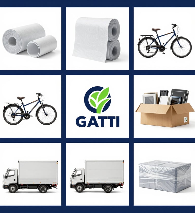 Gatti logistics moving supplies including packing foam, bicycles, moving boxes, and delivery trucks.