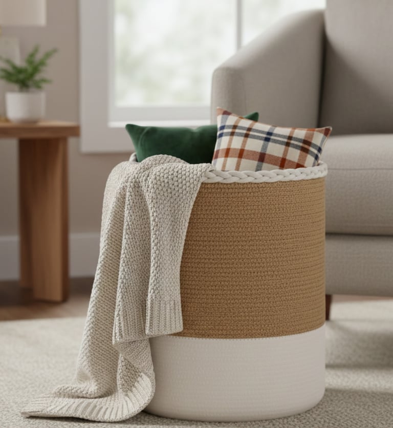 a basket with a blanket on top of a couch