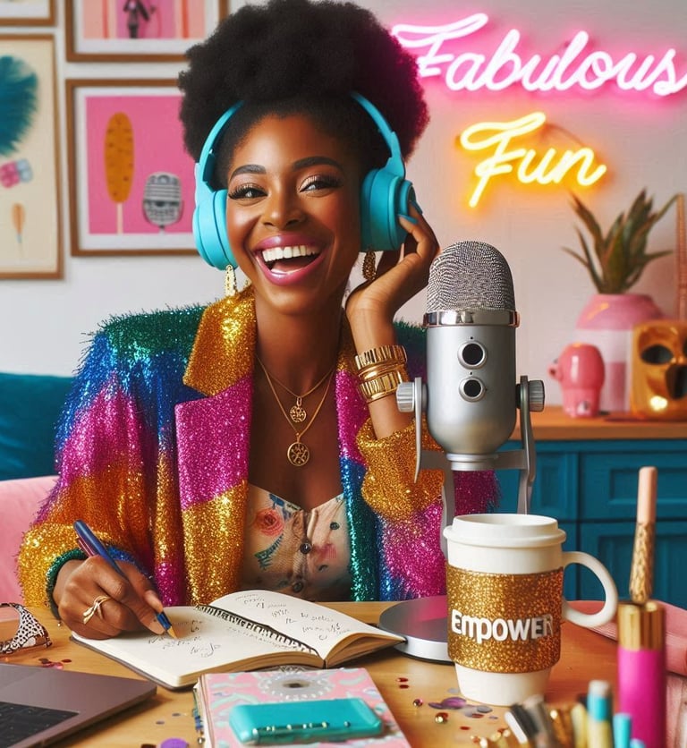 a woman with headphones and headphones on a table