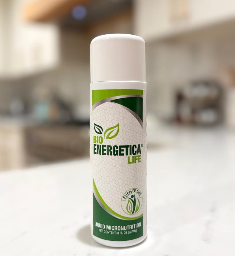 Bioenergetica Life natural liquid supplement bottle on kitchen counter