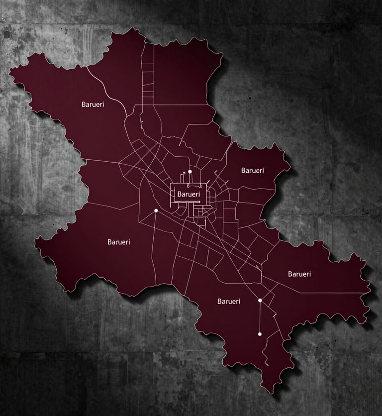 Technical architectural blueprint map overlay of Barueri and Greater Sao Paulo region, high contrast dark charcoal and burgundy tones, raw concrete texture background, dramatic side lighting