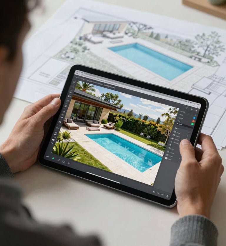 A professional landscape architect drafting 3D digital layouts of premium patios and pools on a sleek tablet device, displaying high-end design workflows.