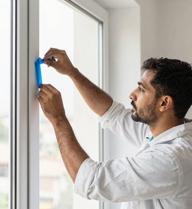 Professional painter in a clean uniform meticulously masking a window frame with blue tape, bright natural daylight, focus on hands and precise detail, dust-free environment, Ahmedabad.