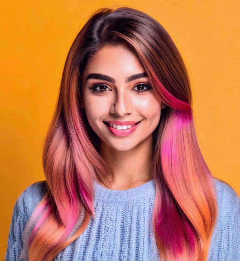 a woman with pink and multicolored hairs