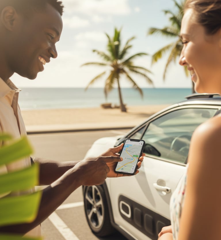 Agent de location de voiture conseillant un client sur un itinéraire touristique en Martinique