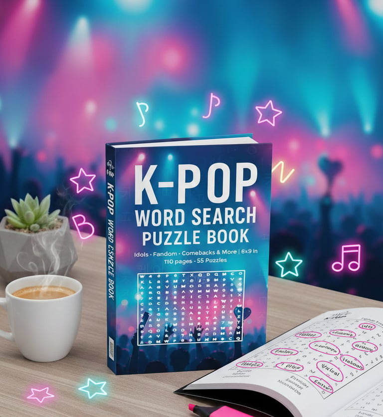 k-pop word search puzzles, k-pop puzzle book, k-pop fandom gifts, idol word search book, comeback fan activity book, wow