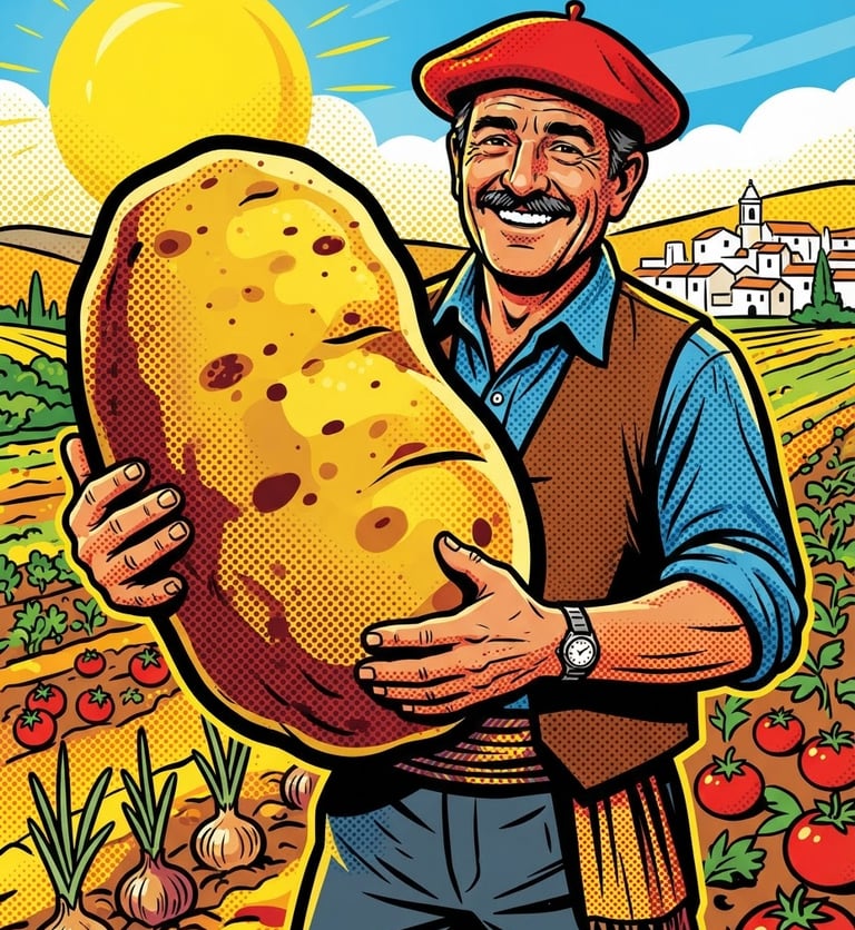Bold pop art illustration of a smiling Spanish farmer holding a giant comic-style potato, thick black outlines, halftone dots, highly saturated red and yellow colors, flat vector style.