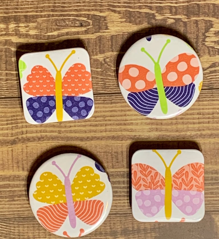Set of 4 circle and square metal and mylar butterfly magnets