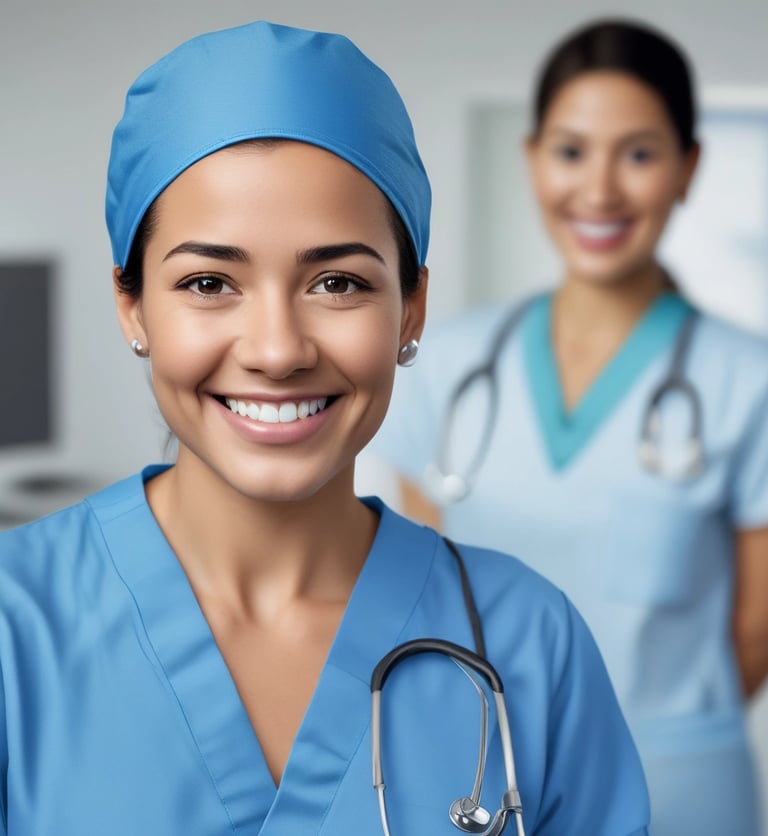 Smiling female nurse in blue scrubs and surgical cap with stethoscope in a hospital.