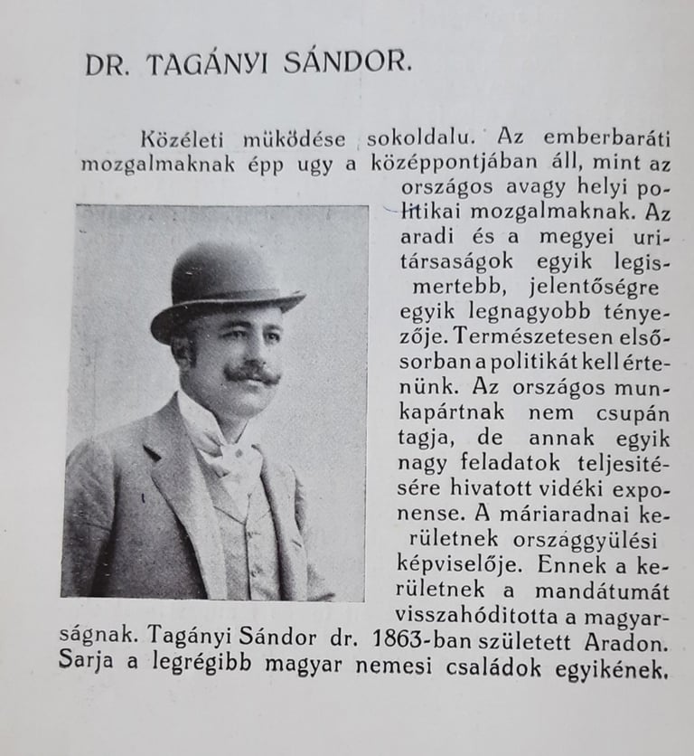 Az Aradi Almanach oldala Tagányi Sándorról