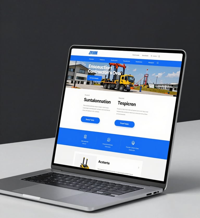 Front-facing isometric laptop mockup showing a modern construction contractor website, sharp electric blue accents, clean dark background, studio lighting