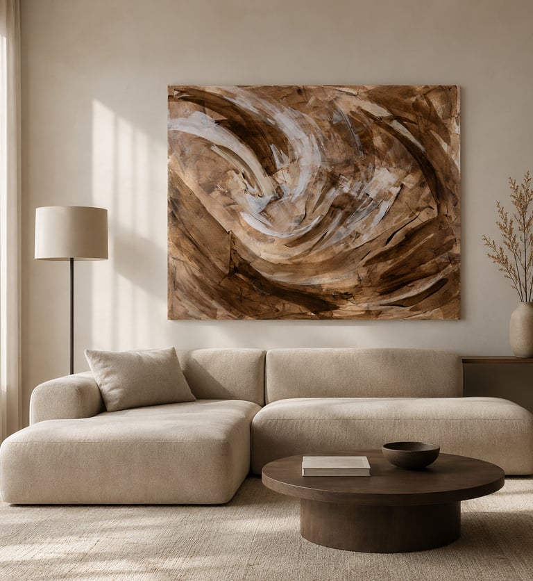 Modern minimalist living room featuring a beige sectional sofa and large brown abstract wall art.