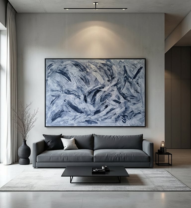 Modern living room featuring a grey sofa, black coffee table, and large blue abstract wall art.