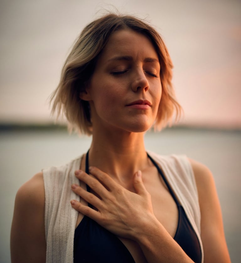 a woman observing her breathing mindfully