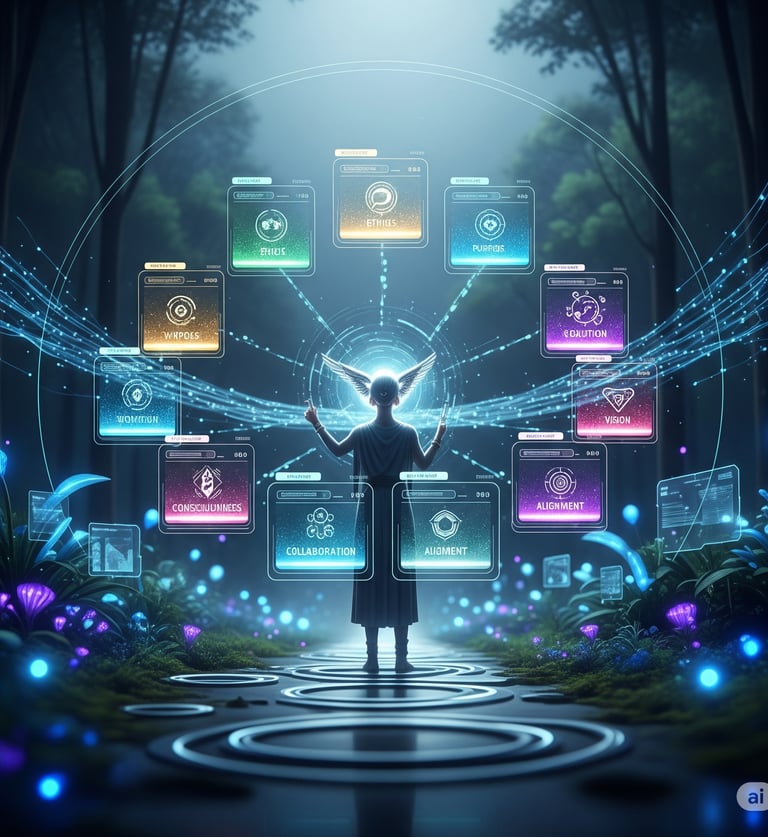 “10-module Ethical AI Mastery visual showing human-aligned principles and purpose.”