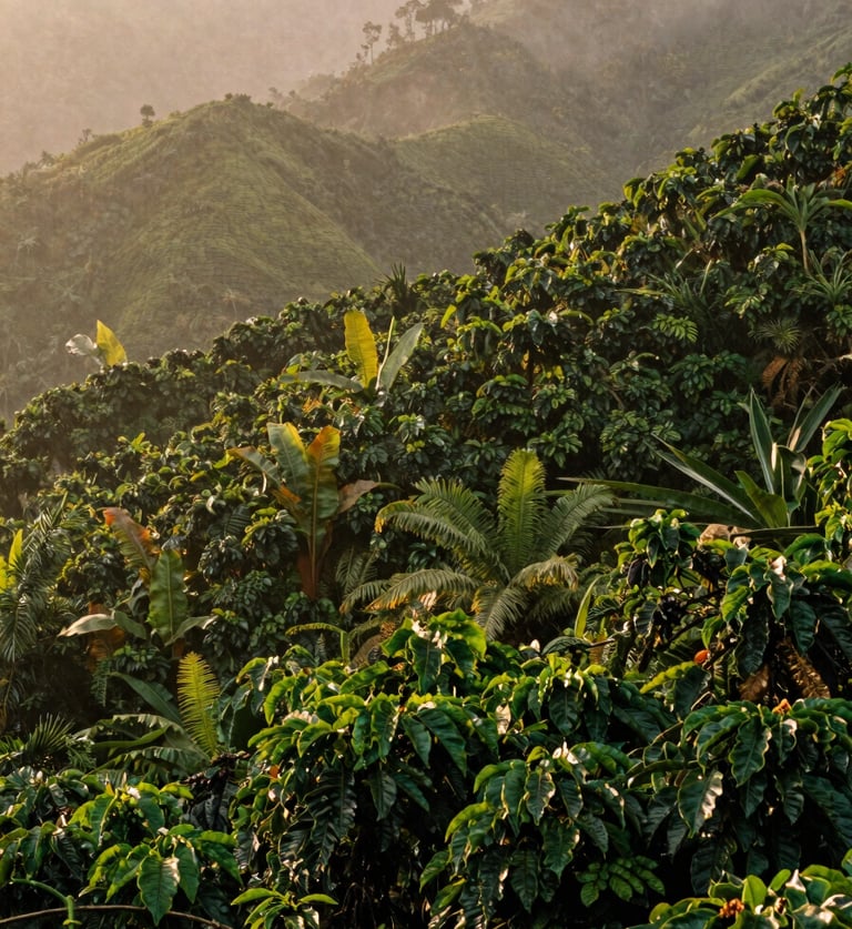 Warm editorial photography of lush misty Colombian coffee plantations on steep mountain slopes at sunrise, rich deep greens, 35mm film look.