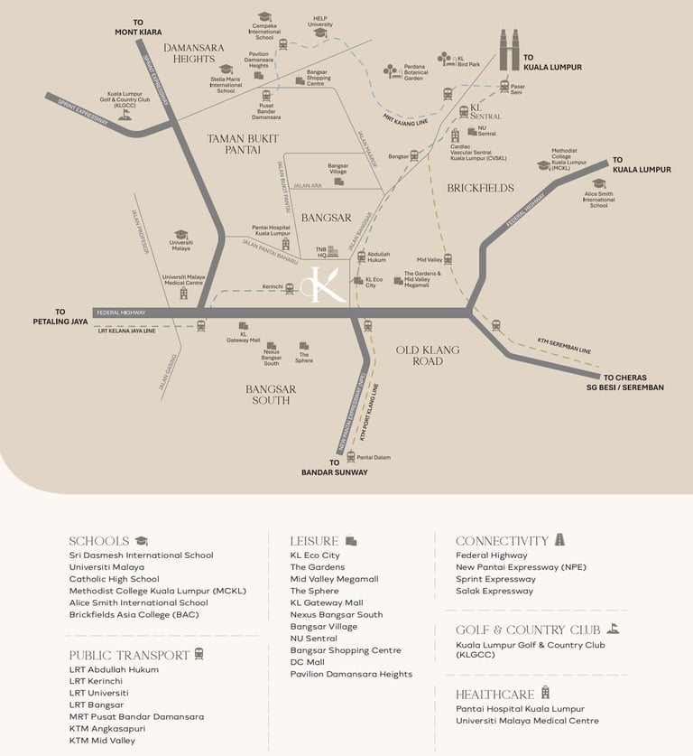 Location map of Khaya Residences, Bangsar in Kuala Lumpur showing nearby MRT stations and highways.