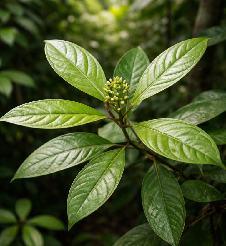 Vibrant green chacruna leaves, a master plant in a rainforest setting.
