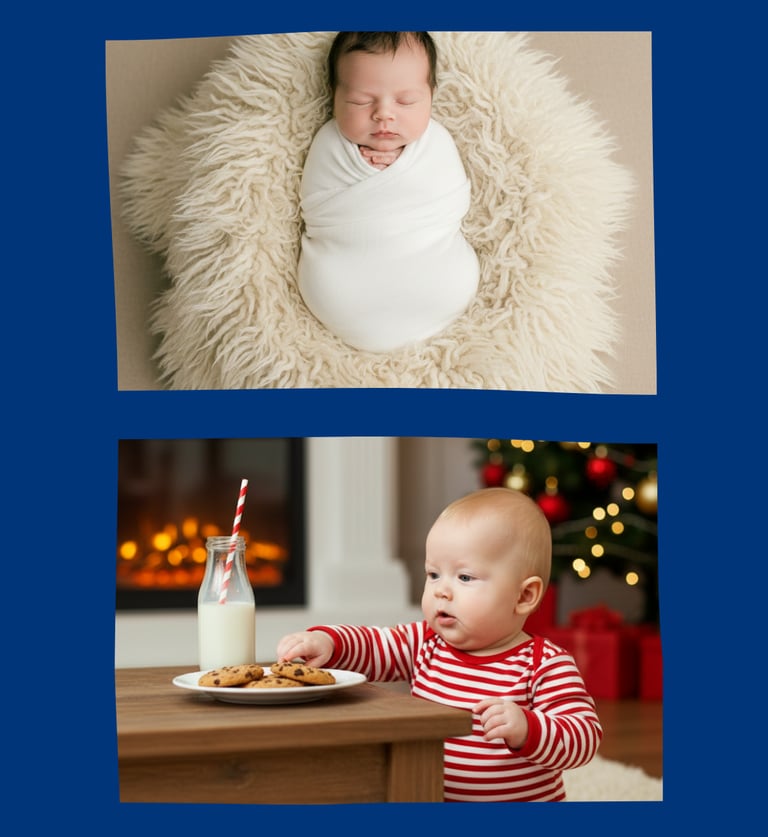 A sleeping newborn baby swaddled in white and a toddler in red striped pajamas reaching for cookies near a Christmas tree.
