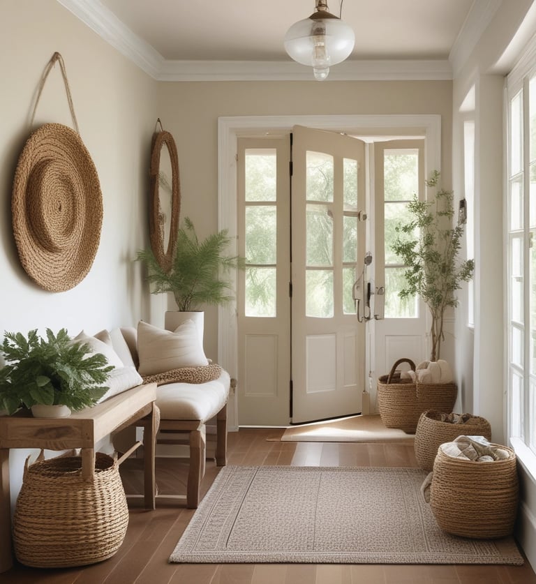 Modern farmhouse entryway with neutral decor, wicker baskets, potted plants, and a wooden bench.