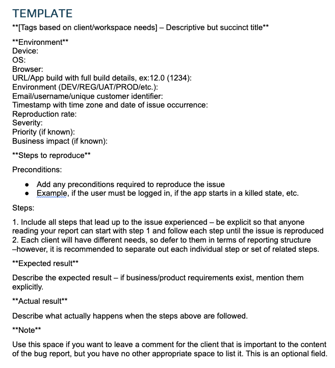 Screenshot of a Google Doc template that is opened upon click action