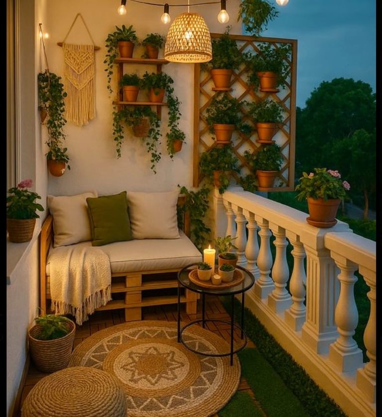 Balcony design using wooden pallets as seating arrangements, planters