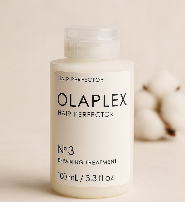 Olaplex No. 3 hair treatment with soft cotton background, focused