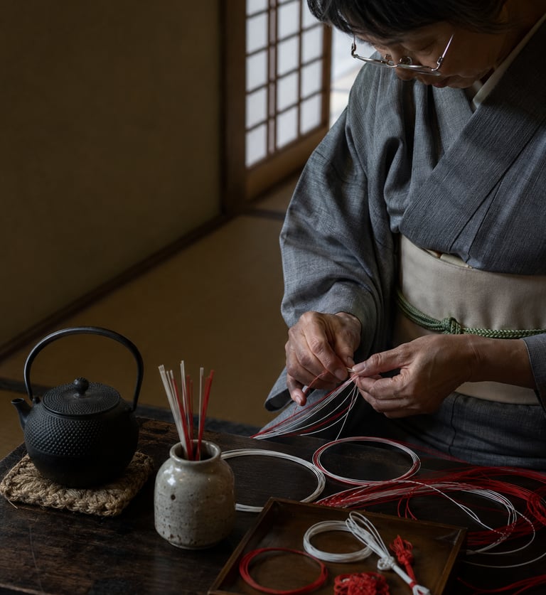 A Japanese woman in a grey kimono practicing Mizuhiki paper cord art next to a cast iron teapot.