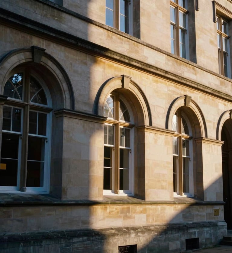An elegant architectural shot of a historic university campus with arched stone windows, soft golden hour sunlight, deep navy shadows, shallow depth of field, 35mm