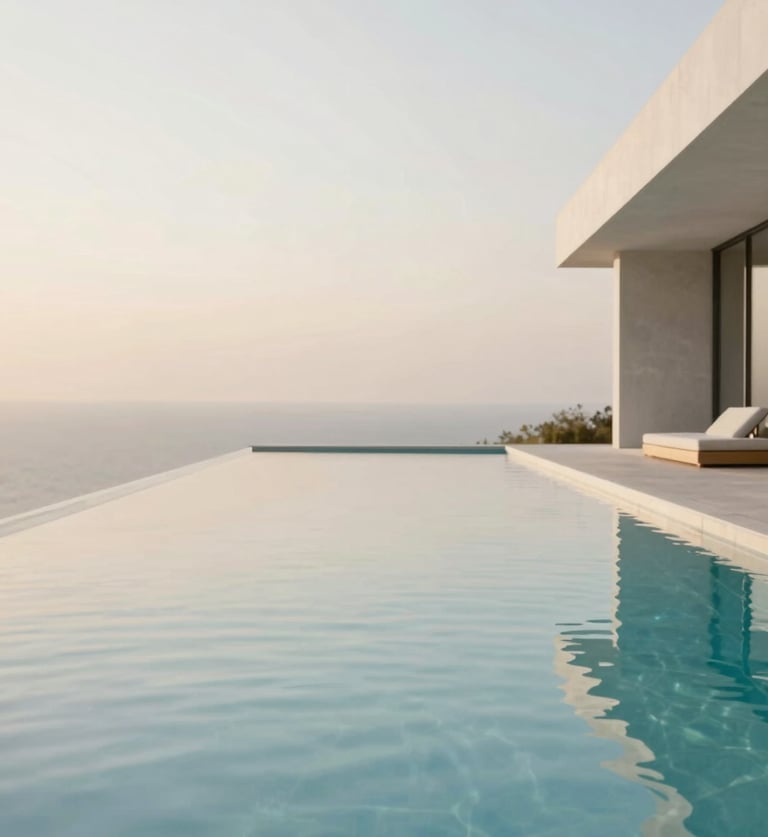 A luxury modern swimming pool with crystal clear water reflecting a #F2F9F9 sky. Minimalist design with high-quality surroundings, embodying prestige and reliability.