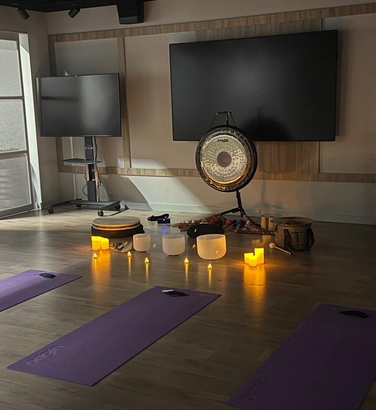 a corporate sound bath set up in an office gym