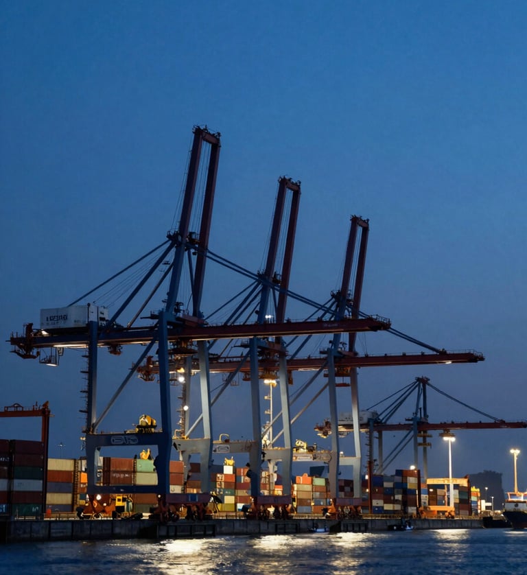 Extreme wide-angle environmental photograph of a deep-water container terminal at dusk, towering gantry cranes silhouetted against a dark blue sky, razor-sharp industrial lines