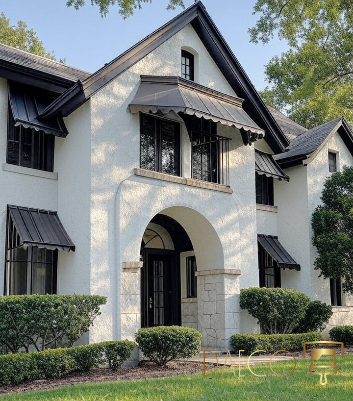 a white house with black shutters and a black awning South Park Hill Denver DAECO PAINTING