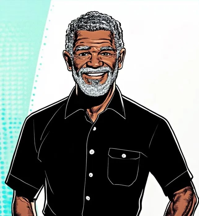 Illustration of an older man with short curly gray hair and a beard, smiling warmly while wearing a black button-up shirt