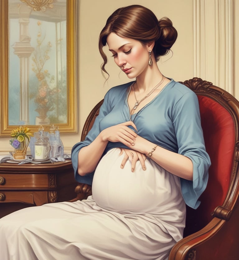 A warm and inviting image of a pregnant woman smiling while holding a bowl of fresh fruits and vegetables in a cozy kitchen.