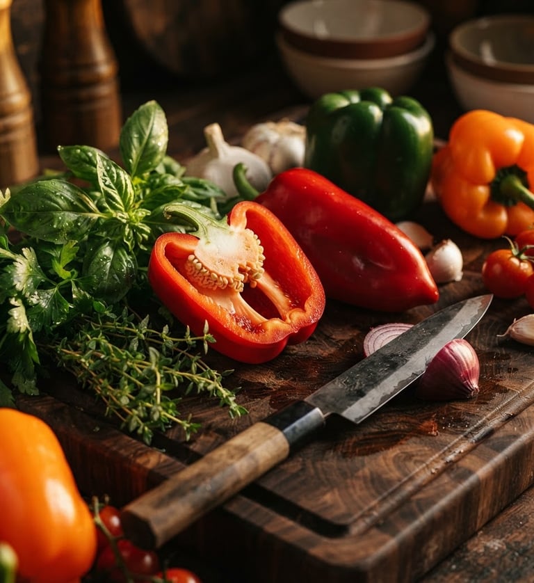 High-end close-up of vibrant, fresh vegetables (e.g., bell peppers, herbs) on a dark wooden cutting board, with warm, dramatic side-lighting. Sharp focus on textures.