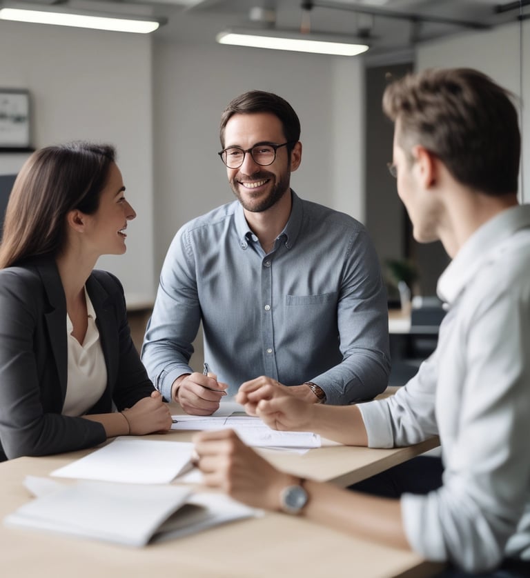 A professional advisor warmly assisting a family with paperwork in a bright office.