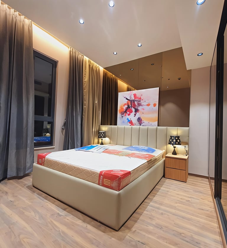 alt="Custom Modular Bed in master bedroom by Integrity Enterprise"