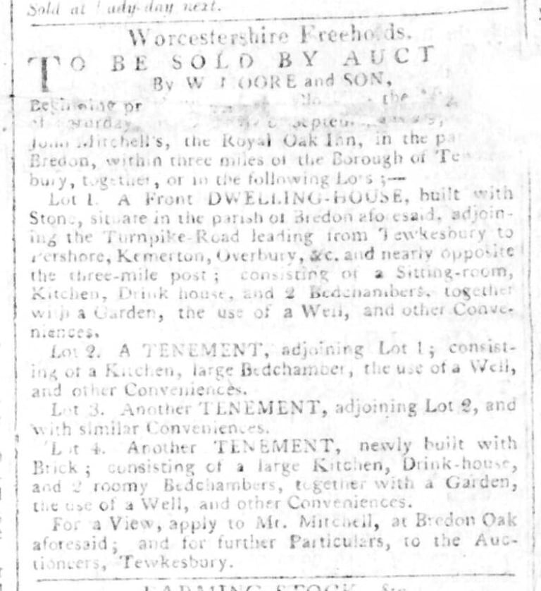 Article, Gloucester Journal, 18 September 1809 - Sale advert, mentions 'three mile post'