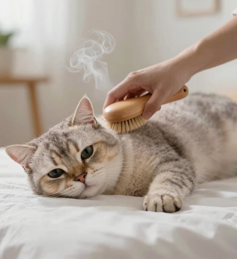 Una persona usa un cepillo vapor de madera para gatos para acicalar a un gato esponjoso que