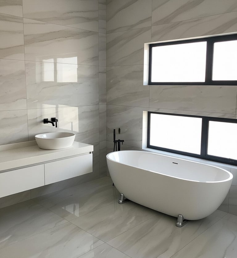 Modern bathroom with a freestanding bathtub, vessel sink, and marble-look porcelain tile walls.