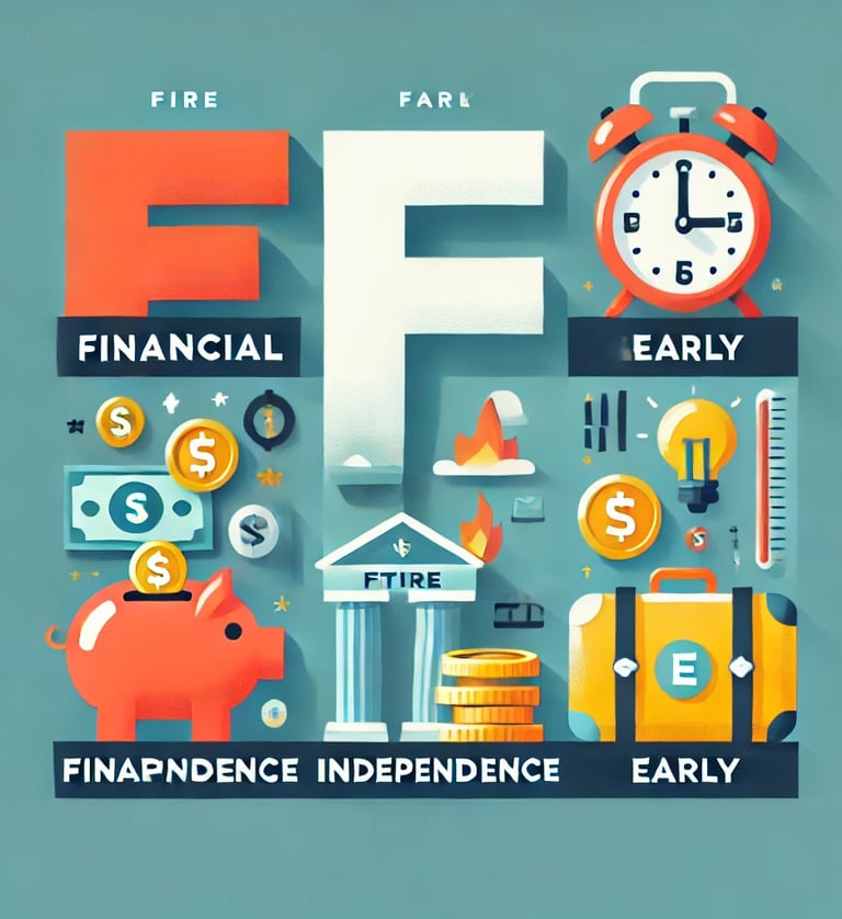 A modern infographic-style illustration explaining the FIRE (Financial Independence, Retire Early)