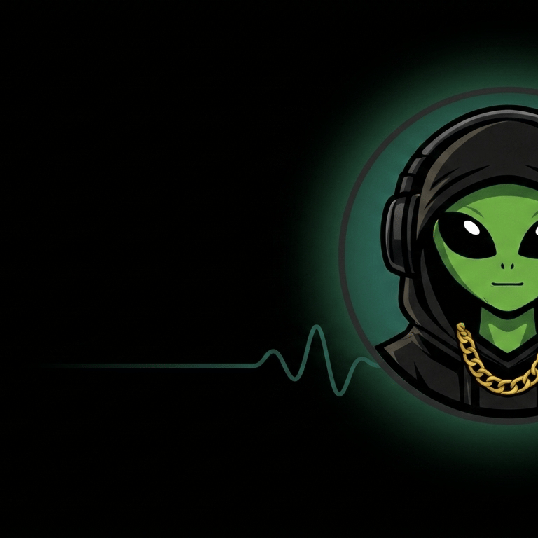 Cool green alien wearing a black hoodie, gold chain, and headphones on a dark background.