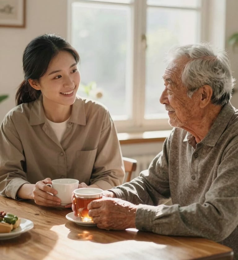 A caregiver and an elderly gentleman sitting at a sunlit wooden table, sharing a cup of tea and smiling softly, warm home interior, 35mm photography.