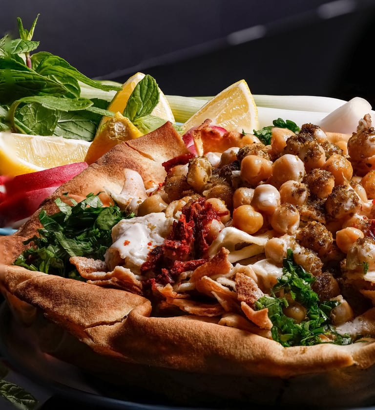 تصوير احترافي لطبق فتة الحمص الشامية والمقبلات: خدمات تصوير طعام للمطاعم في الرياض .